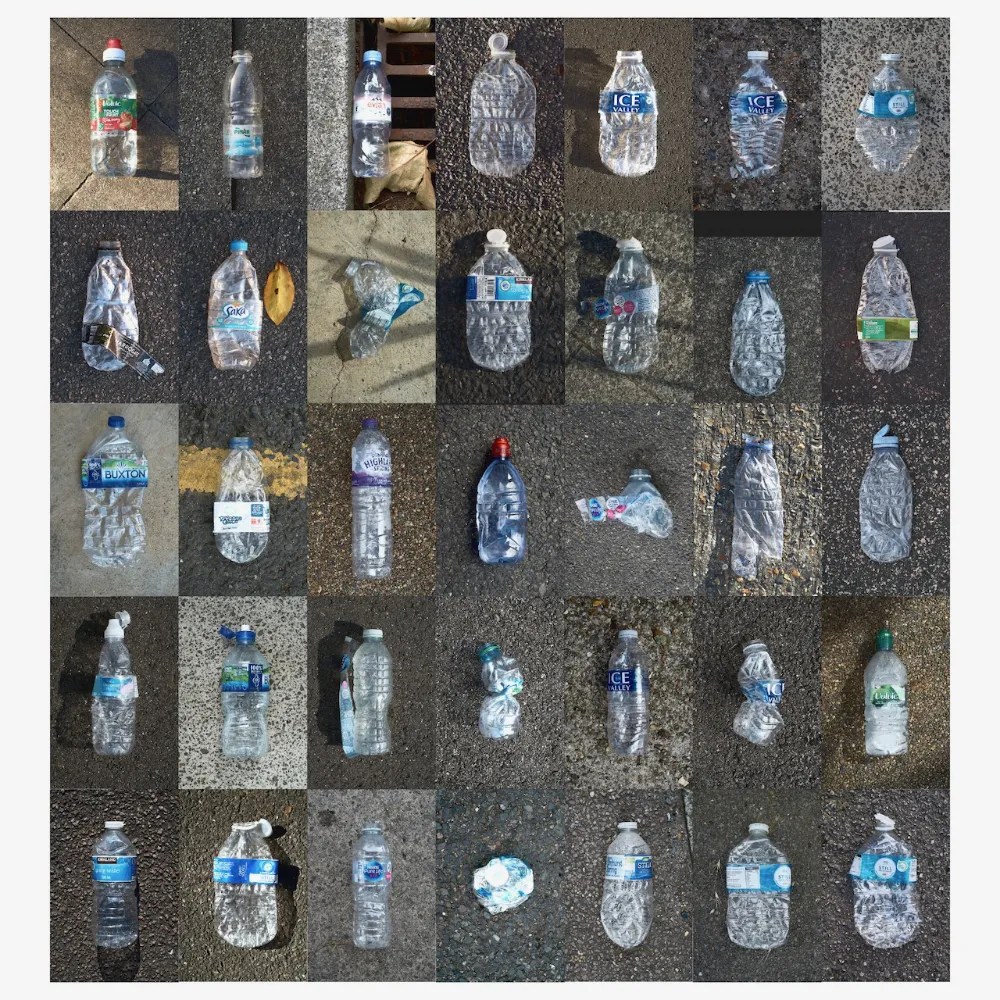 A montage of plastic water bottles found on the street in Gravesend.