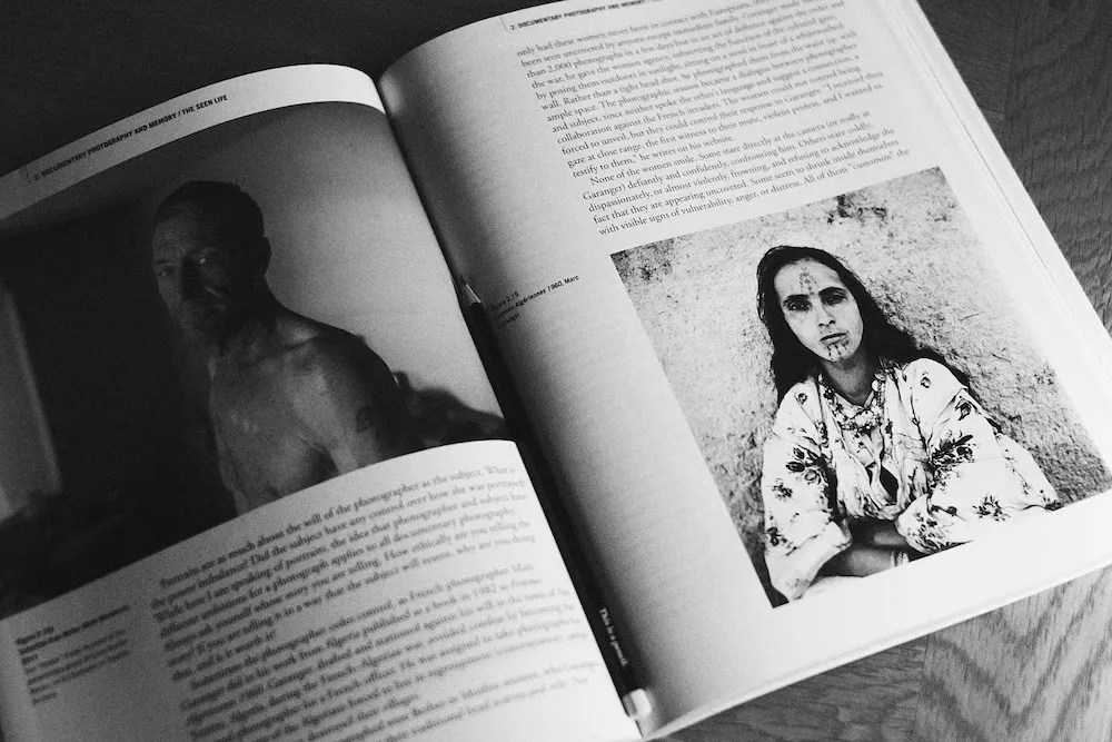 Pages from a photography textbook, Documentary Photography Reconsidered: History, Theory and Practice by Michelle Bogre.