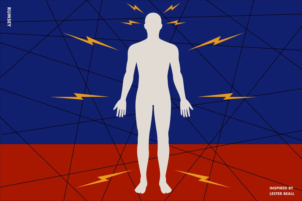 A graphic, inspired by Lester Beall, symbolising the side effects of antidepressant withdrawal.