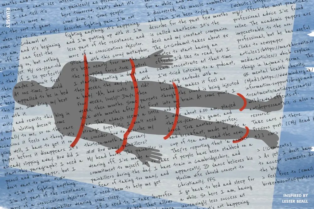 A graphic, inspired by Lester Beall, illustrating a night of antidepressant withdrawal.