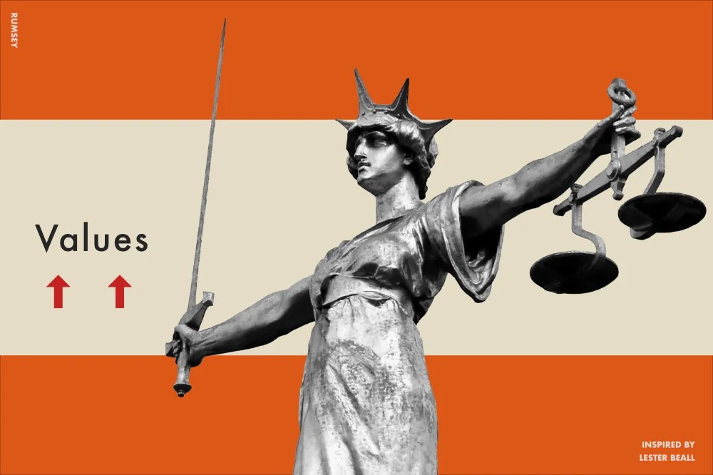 A graphic insipred by the work of Lester Beall featuring the scales of justice.